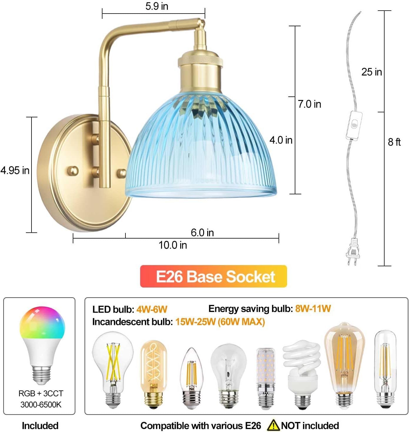 Swing Arm Wall Sconce, Plug in or Hardwired Gold Wall Lamp with Blue Stripe Ribbed Glass Shade, Modern Remote Dimmable