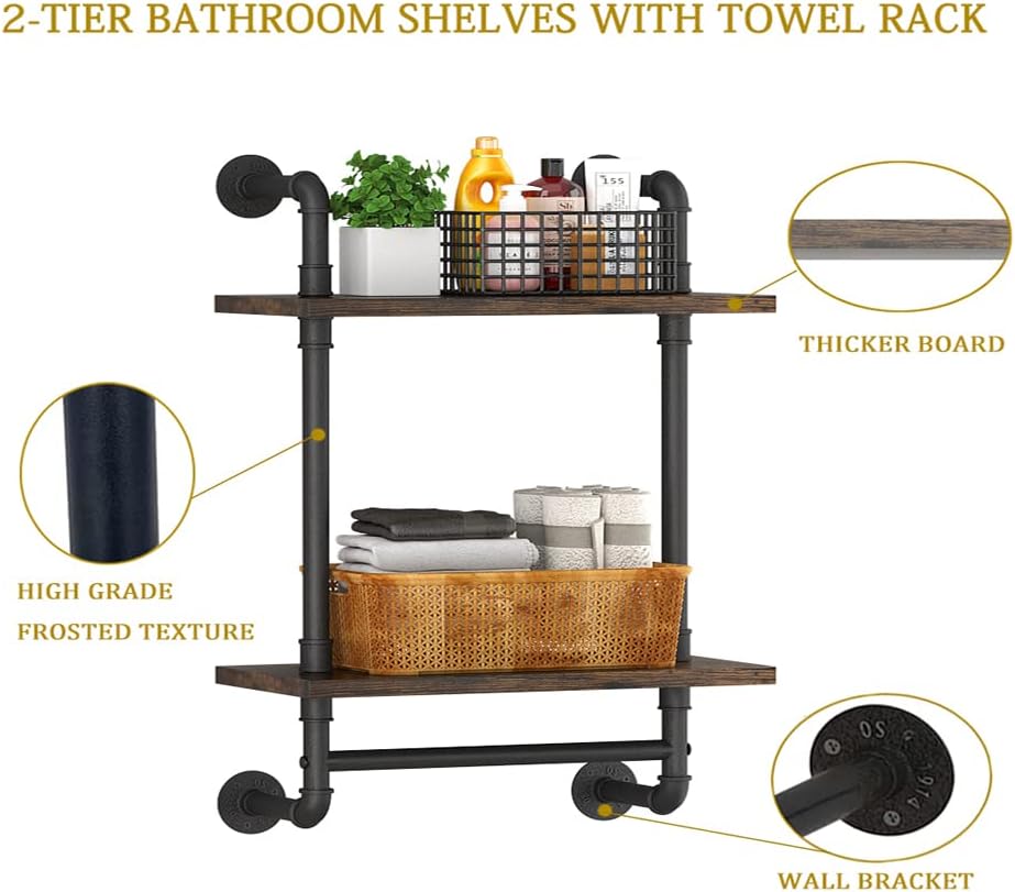 Helsin 2 Tier Industrial Pipe Floating Bathroom Shelves Wall Mounted with Towel Bar, Rustic Wood Wall Shelf, 16 Inch