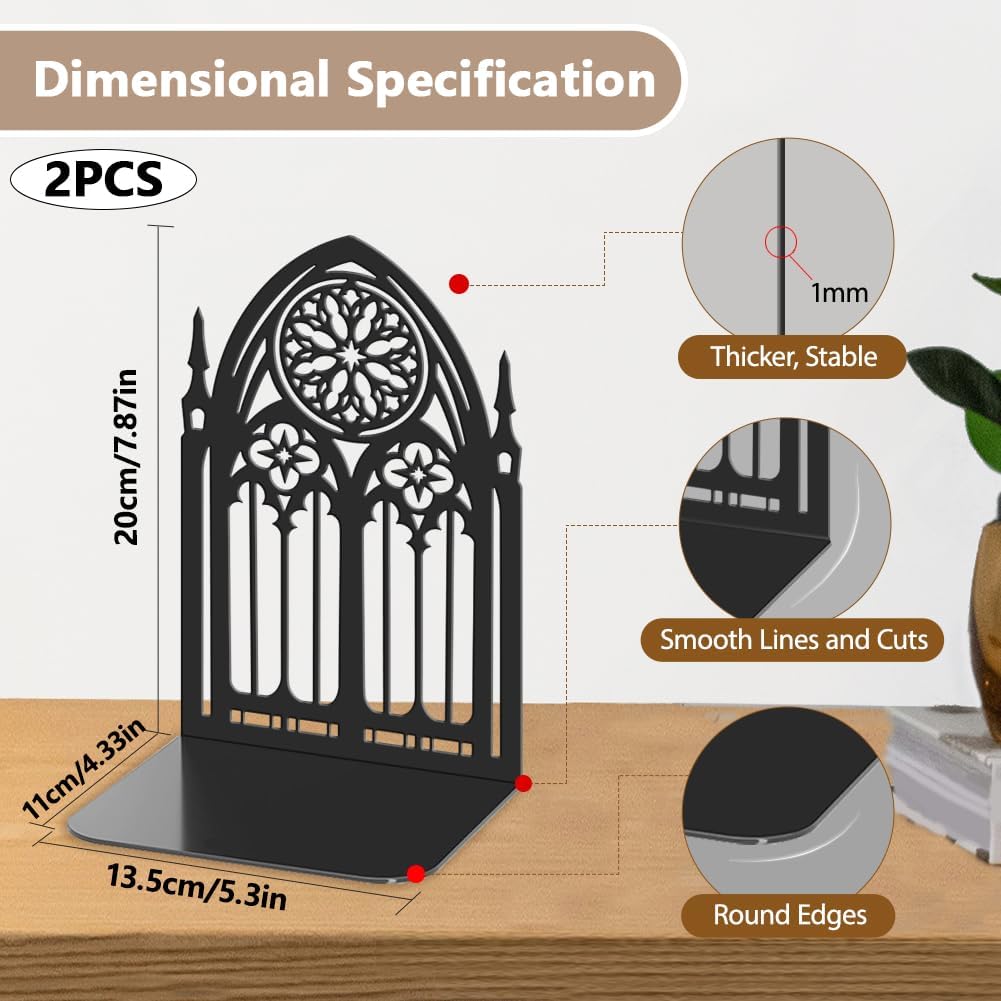 Metal Bookends Heavy Duty Book Shelf Holders Window Decorative Book Ends / Gothic / Black / Set of 2