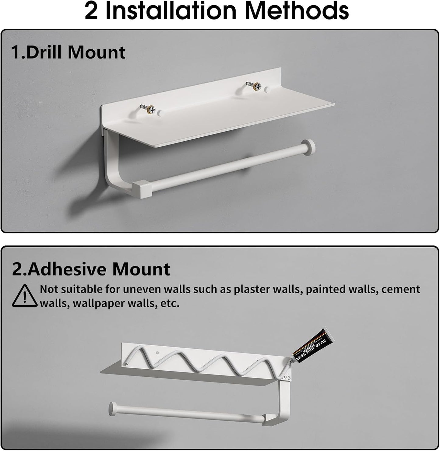 White Paper Towel Holder with Shelf Wall Mount, Adhesive Hand Towel Holder for Bathroom, Kitchen Towel Holder