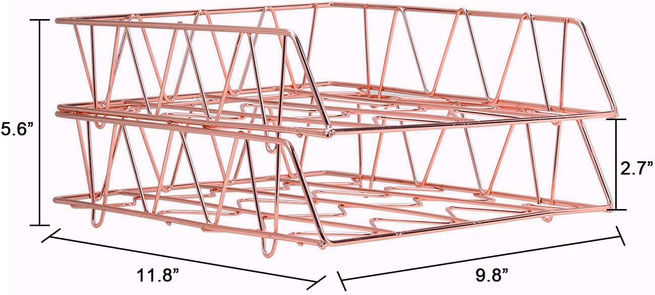 Set of 2 Office Supplies Metal Stackable File Document Letter Tray Organizer for Desk, Rose Gold