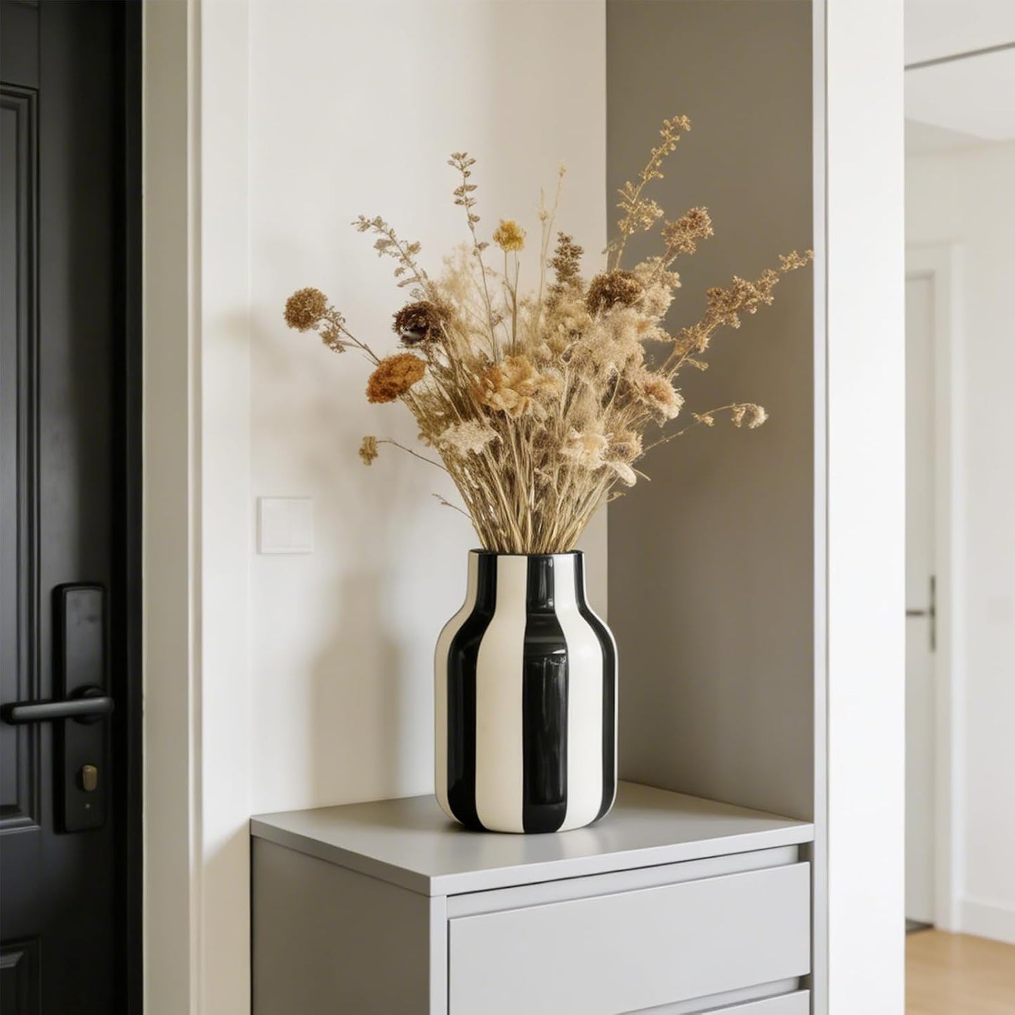 White Striped Ceramic Vase / Black