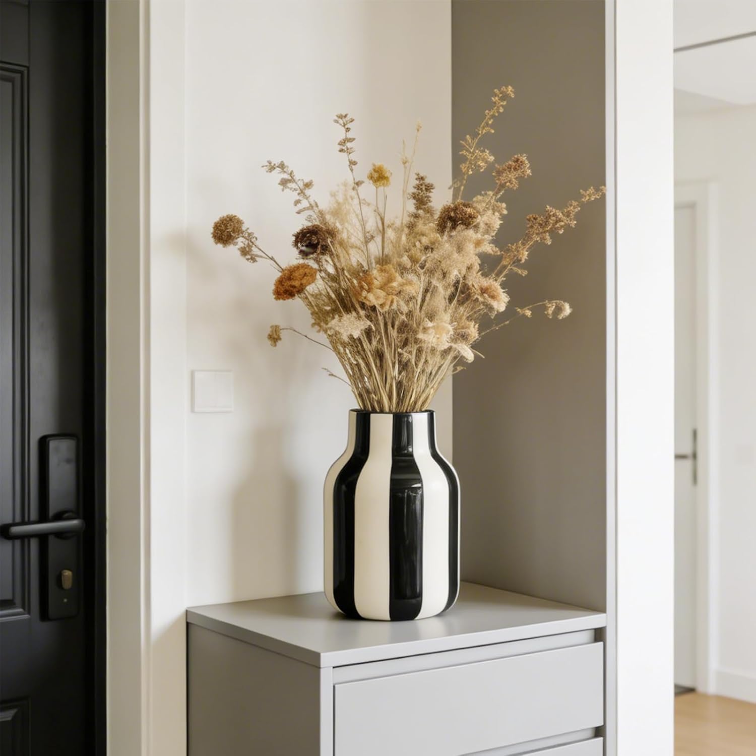 White Striped Ceramic Vase / Black