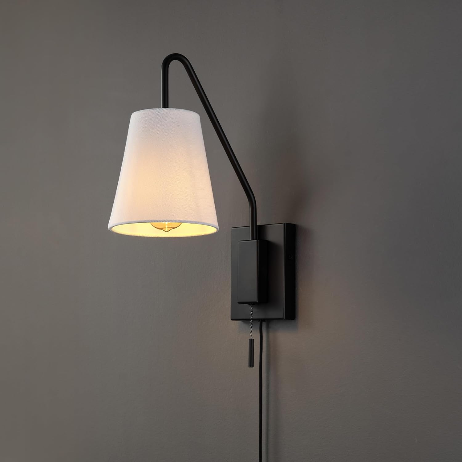 Globe Electric 1-Light Matte Black Swing Arm Plug-in or Hardwire Wall Sconce with White Fabric Shade