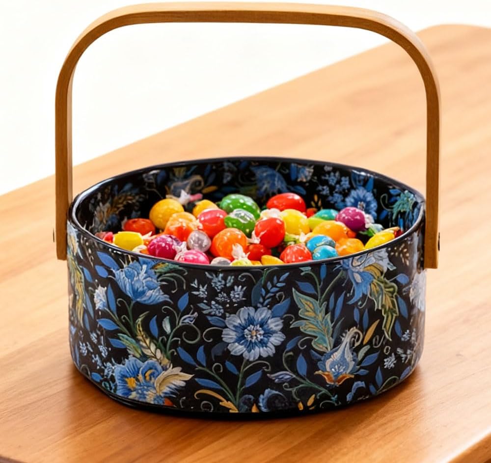 Wooden Handle Decorative Bowl Flower Basket Kitchen & Dining Table Office Room Decor / Black