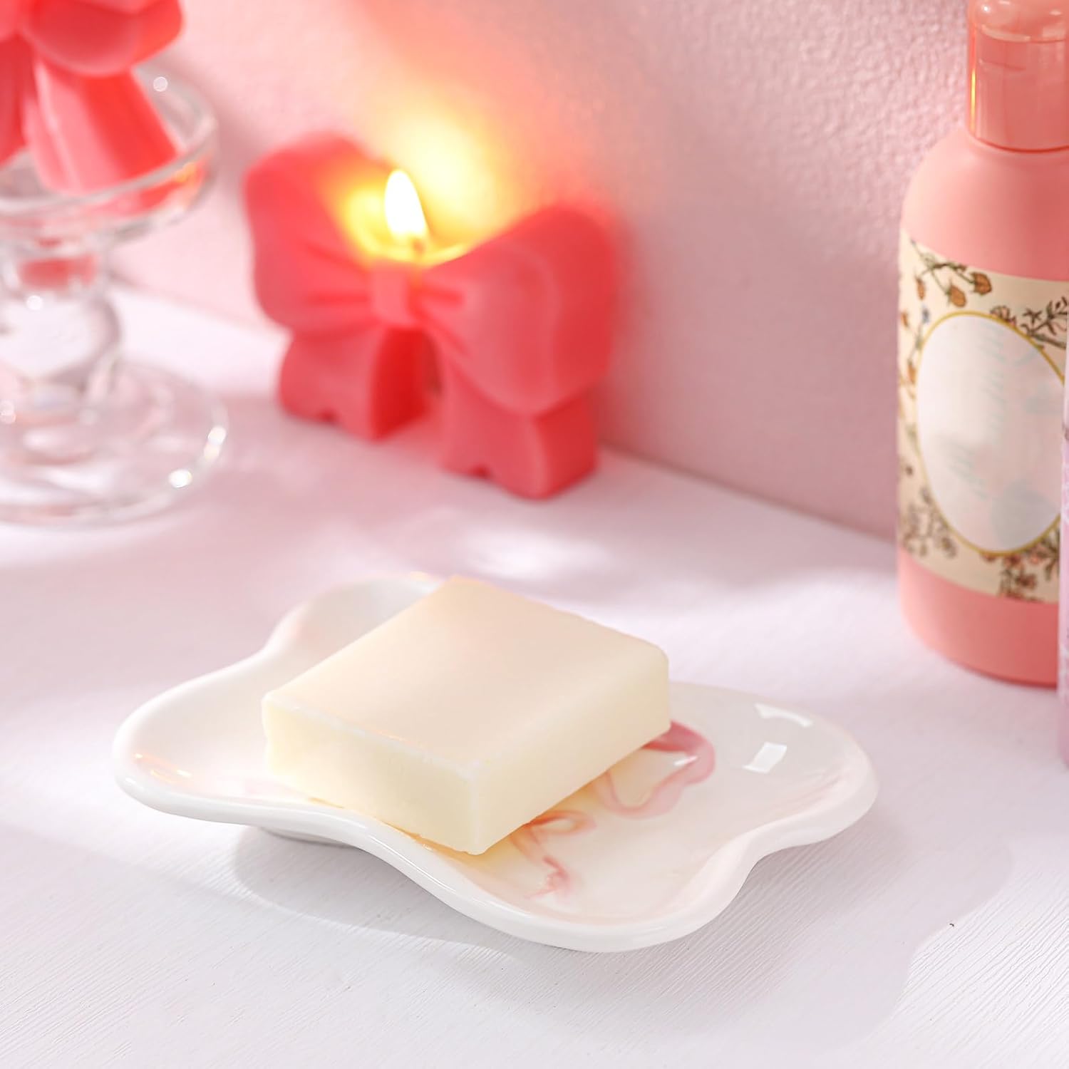 Bow Girls Soap Dish Bathroom Decor Coquette Ceramic Cleaner Dish Bow Soap Holder Aesthetic / Pink