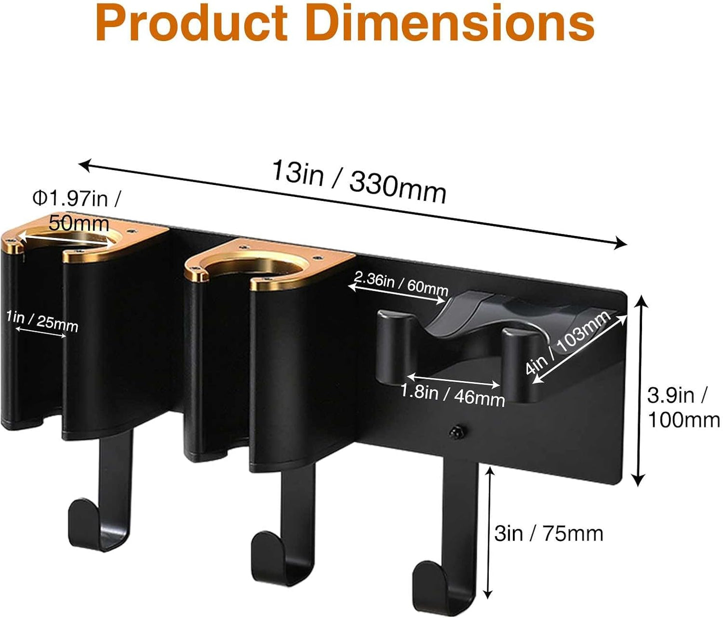 Wall Mount Hair Tool Organizer, Black with Gold Accents | Aluminum Alloy & ABS, 3-Compartment Holder for Hair Dryer