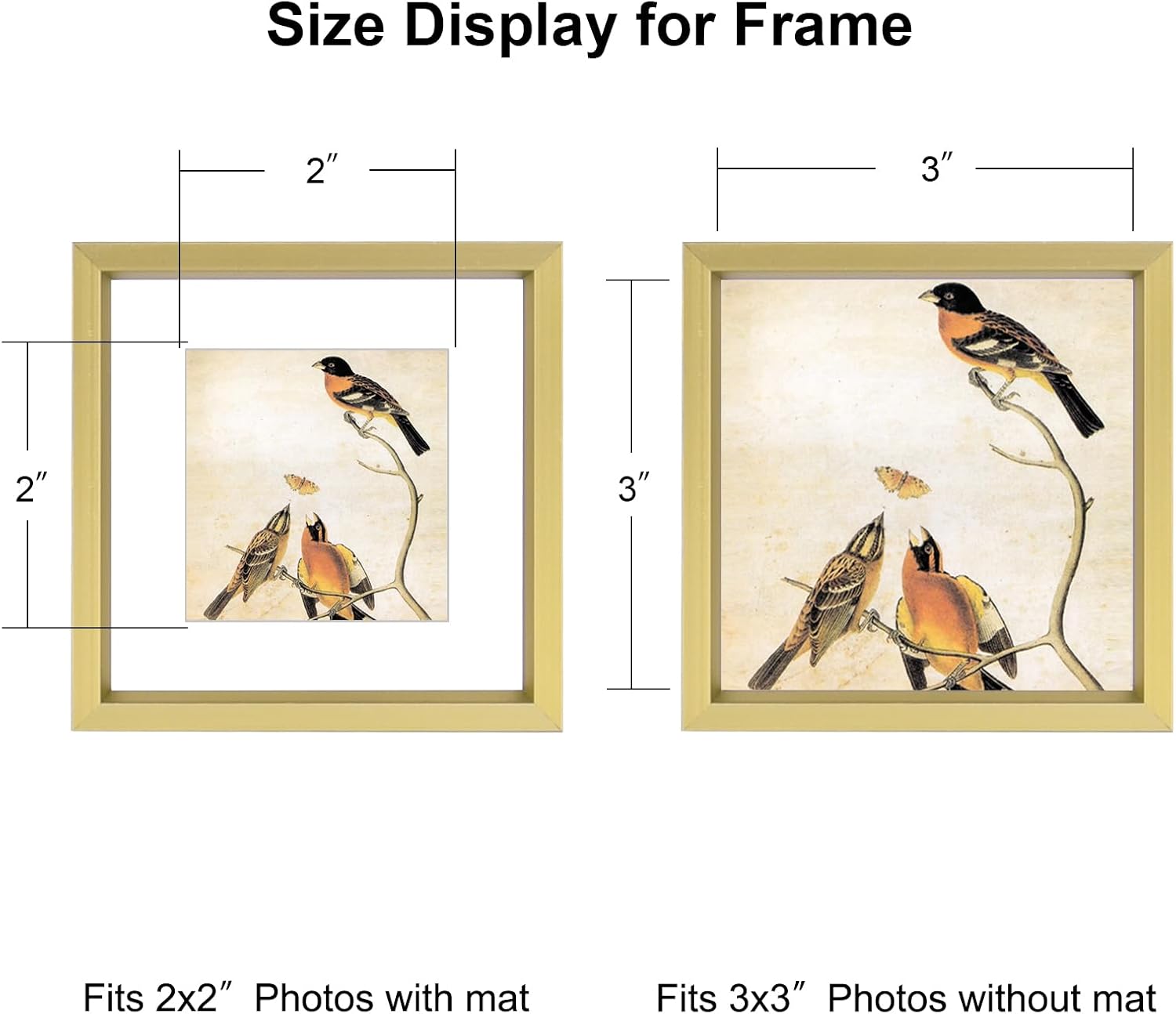 BKABOT 3x3 Brass Metal Photo frames 3 Pack HD Glass Mat 2x2 Wall Table | Brushed aluminum Picture frames,removable