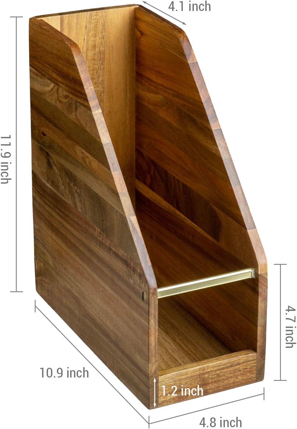 MyGift Premium Hotel Series Solid Acacia Wood Desktop Magazine File Holder Bin with Brass Tone Metal Accent, Vertical