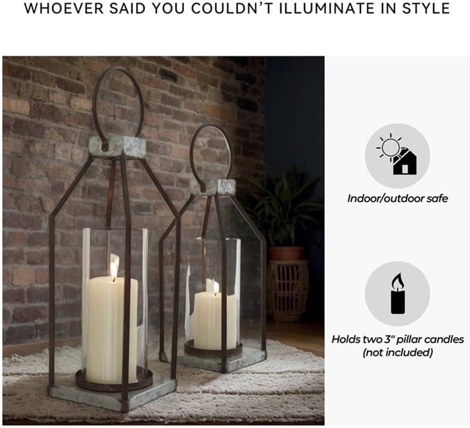 Signature Design by Ashley Diedrick Rustic Lantern, Set of 2, Indoor/Outdoor, Galvanized Metal, Antiqued Finish, Glass