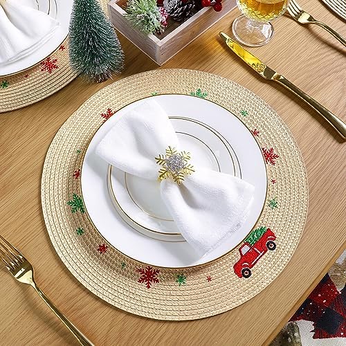 Feuille Round Christmas Placemats Set of 4 13.5 Inch Beige Snowflake Placemats for Round Tables Truck Winter Placemats Perfect for Indoor Christmas Decorations
