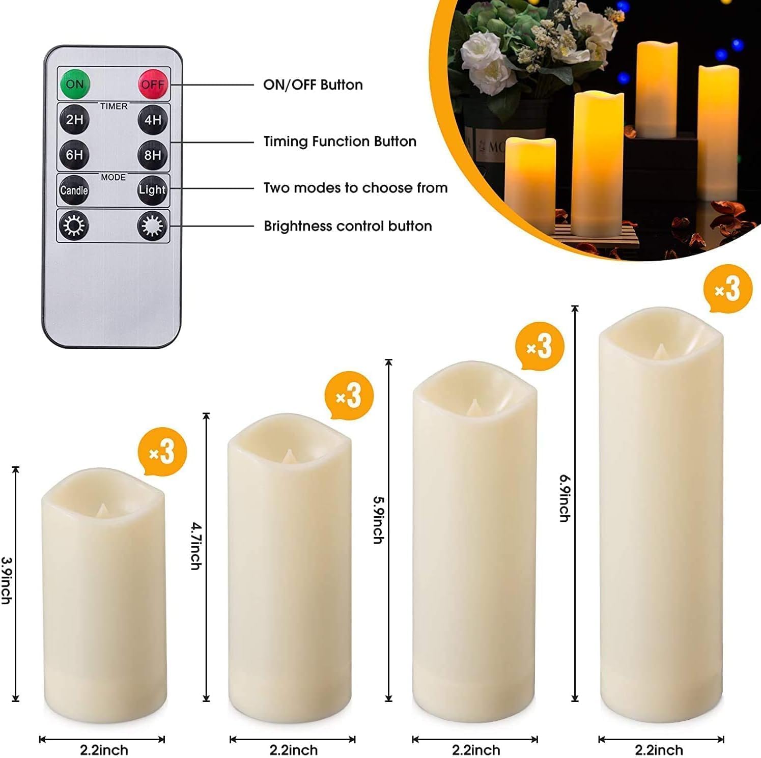 Flameless Candles with Remote Control Waterproof Outdoors & Indoors, Battery Candles with Remote Timer, Decorative