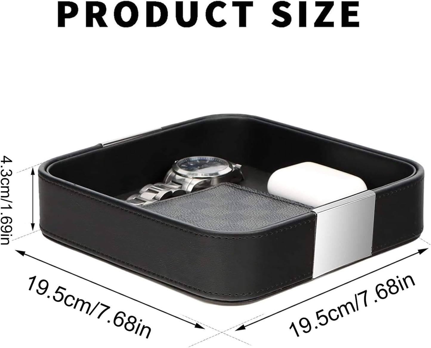 Leather Desktop Storage Small Catchall Organizer Decorative Tray / 7.7 x 7.7 x 1.7 / Black