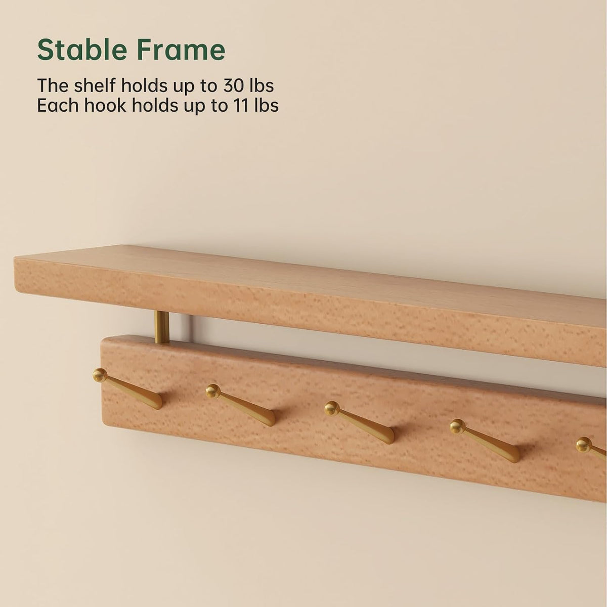 Solid Wood Wall Hooks with Shelf, Coat Rack Wall Mount, Entryway Hanging Shelf with 9 Brass Hooks for Hats, Clothes