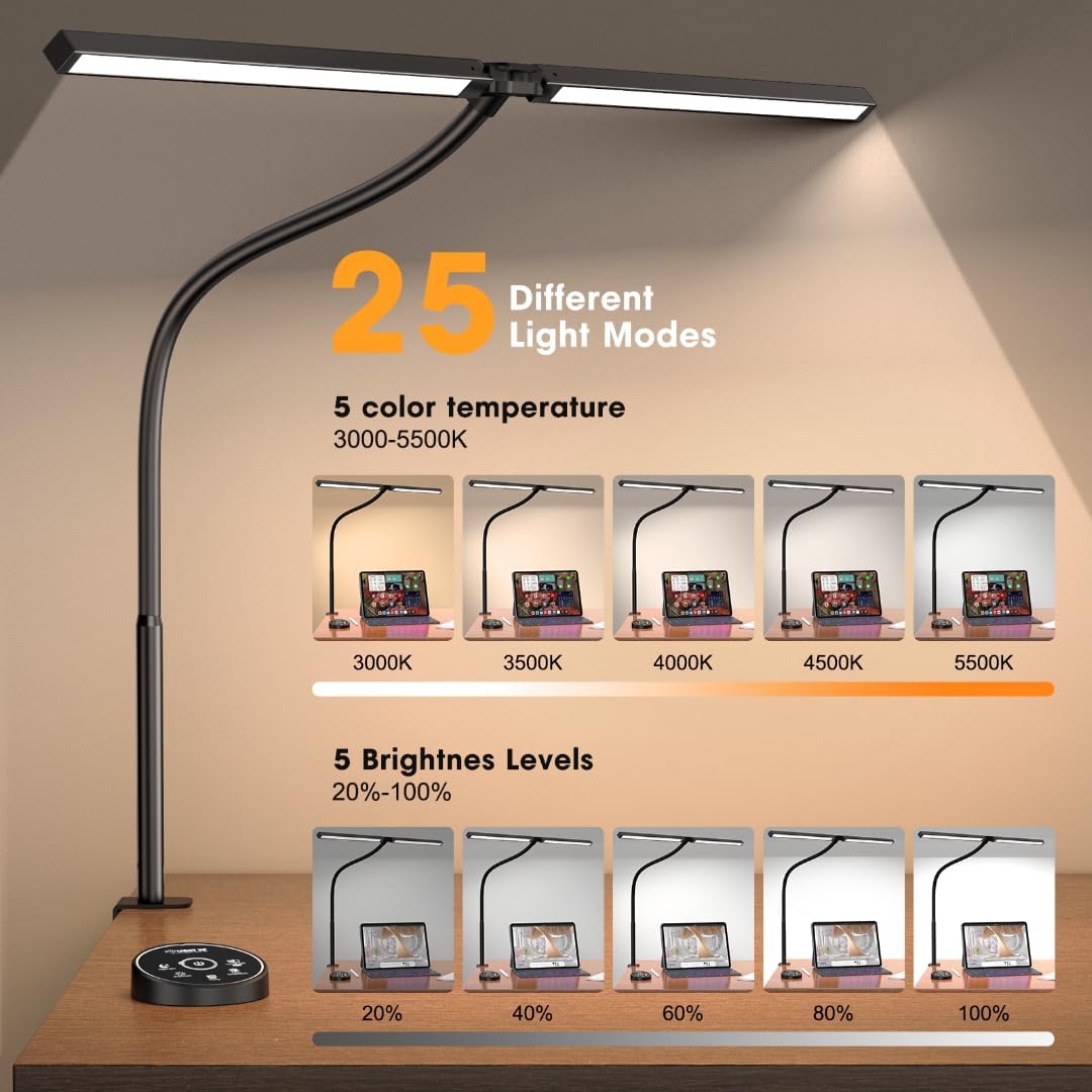 Led Desk Lamp for Office Home - Eye Caring Architect lamp with Clamp,Dual Screen Computer Monitor Work Smart Light: 24W