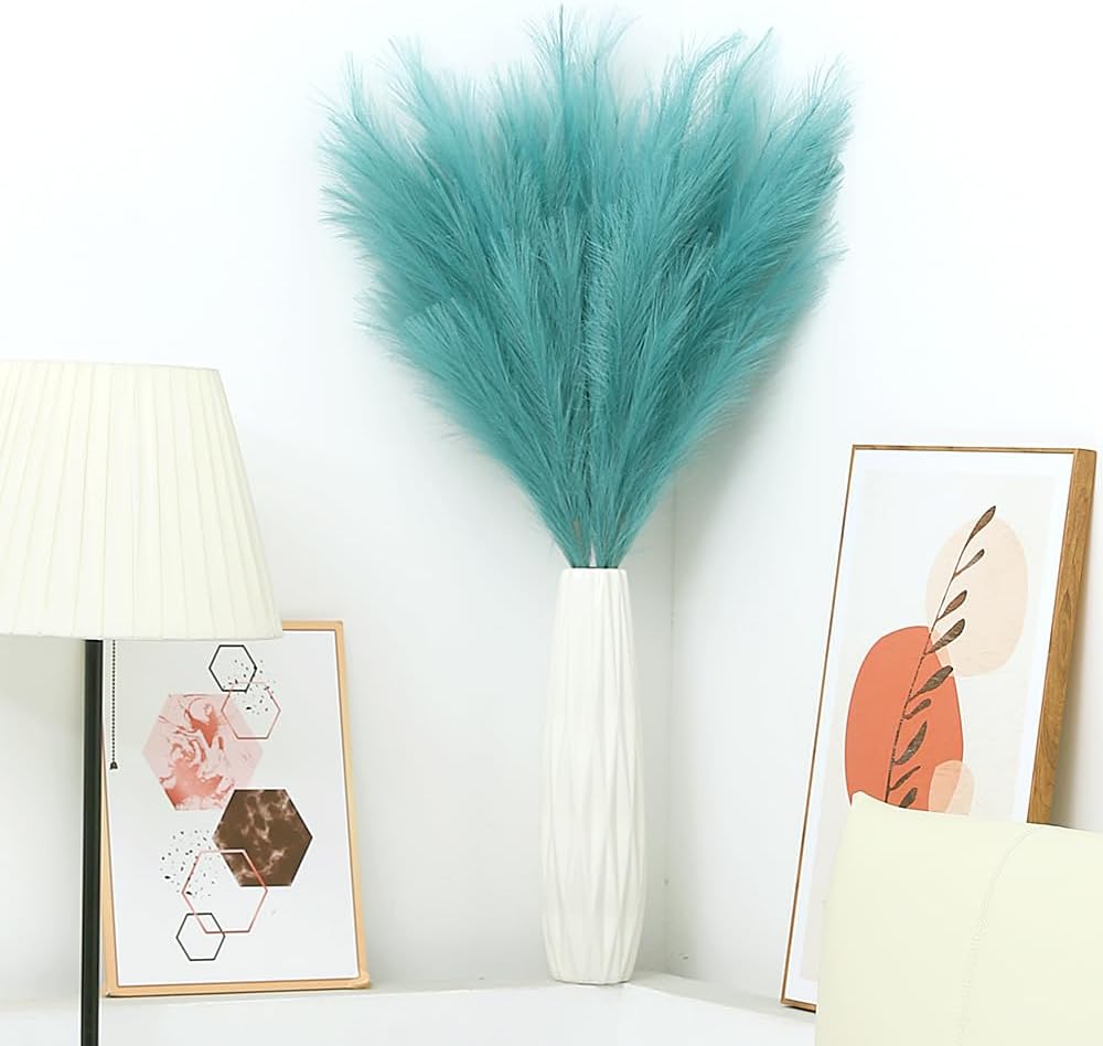 Faux Pampas Grass Flower Arrangement and Vase Filler for Boho Home Wedding / Lake Blue / Set of 8