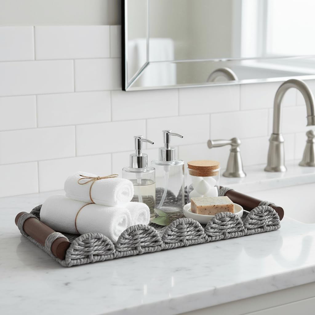 Scalloped Decorative Tray w/Wood Handle for Counter / Gray / 13 x 6.3 x 1.6