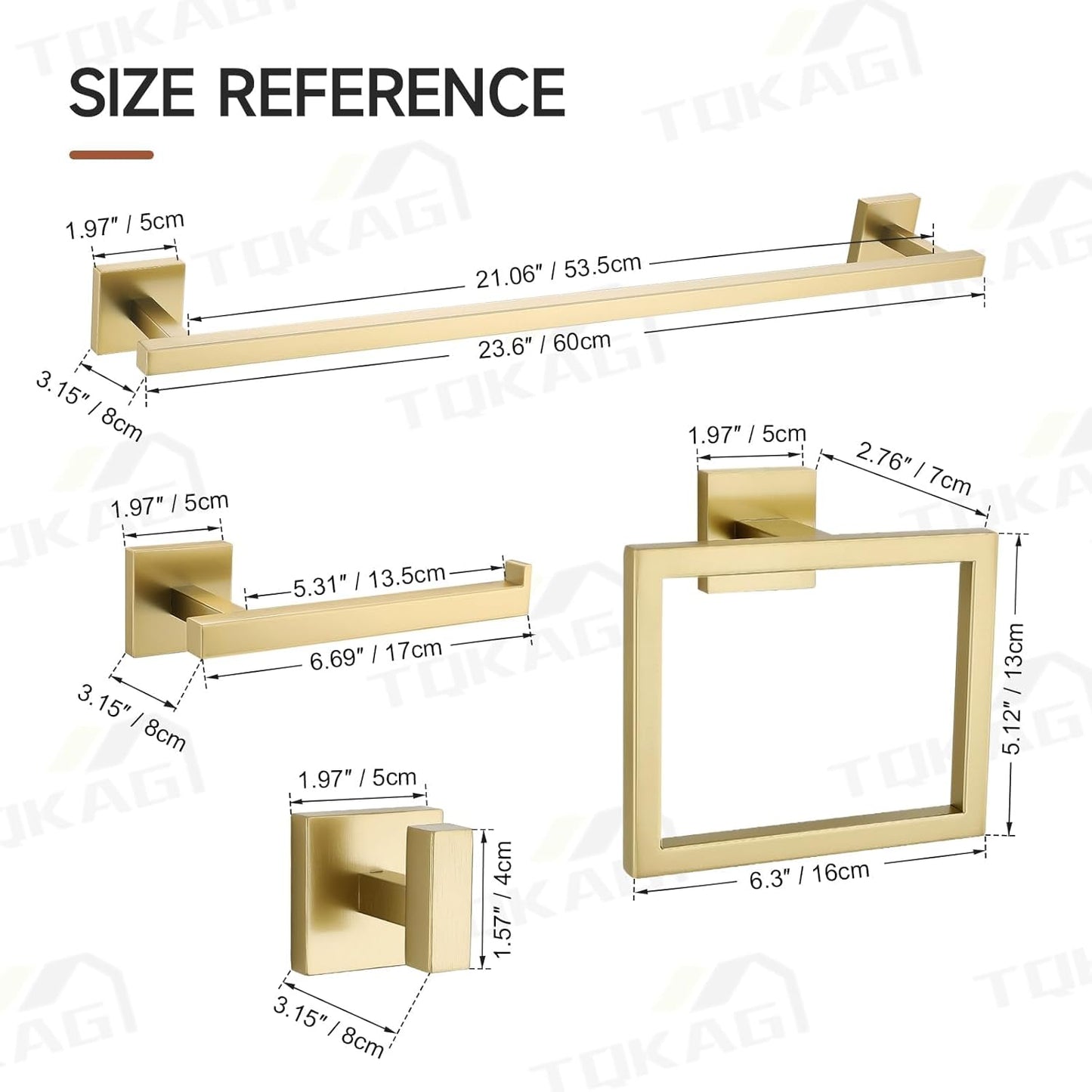 TQKAG 5 Piece Brushed Gold Bathroom Accessories 23.6" Bathroom Hardware Set | SUS304 Stainless Steel, Towel Bar Set