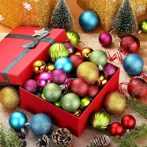 Lunmon 64 Pcs Neon Christmas Ball Ornaments Shiny Bright Multicolor Baubles