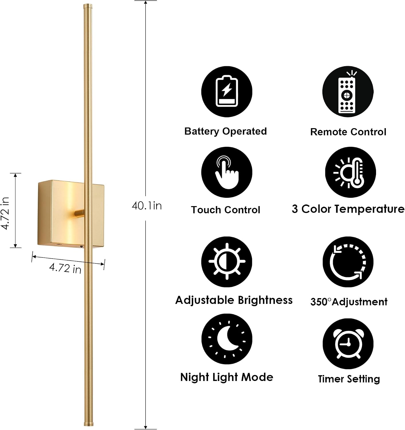 KARTOOSH Battery Operated Wall Sconces Set of 2 Wireless,40.1 Inch Gold | Battery Removable, 3000-6000K, Stepless