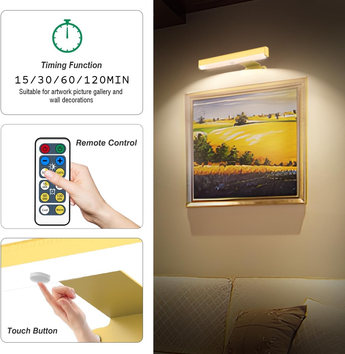 EUIOKUN Wireless Picture Light with Remote,Battery Operated Wall Sconces | 4Pcs Painting Light for Wall