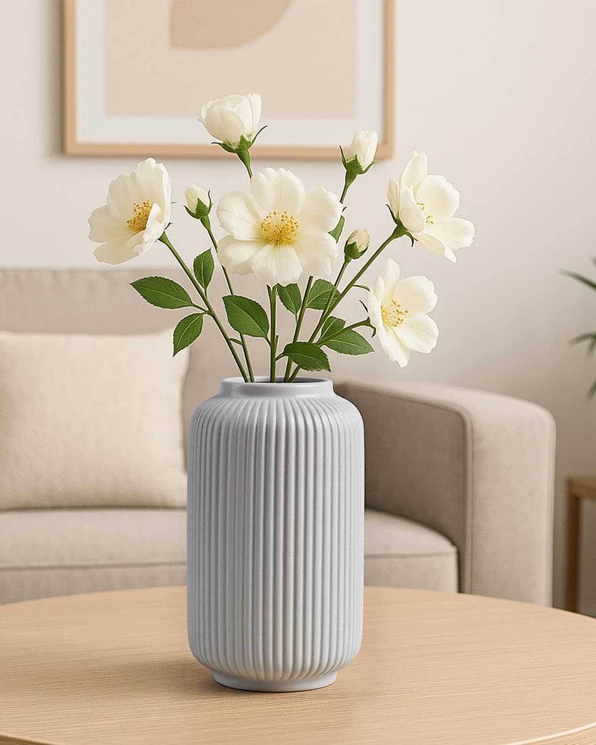 Ceramic Vase / Modern Wide Mouth Decorative Vase / White02 / White / 8 Inch