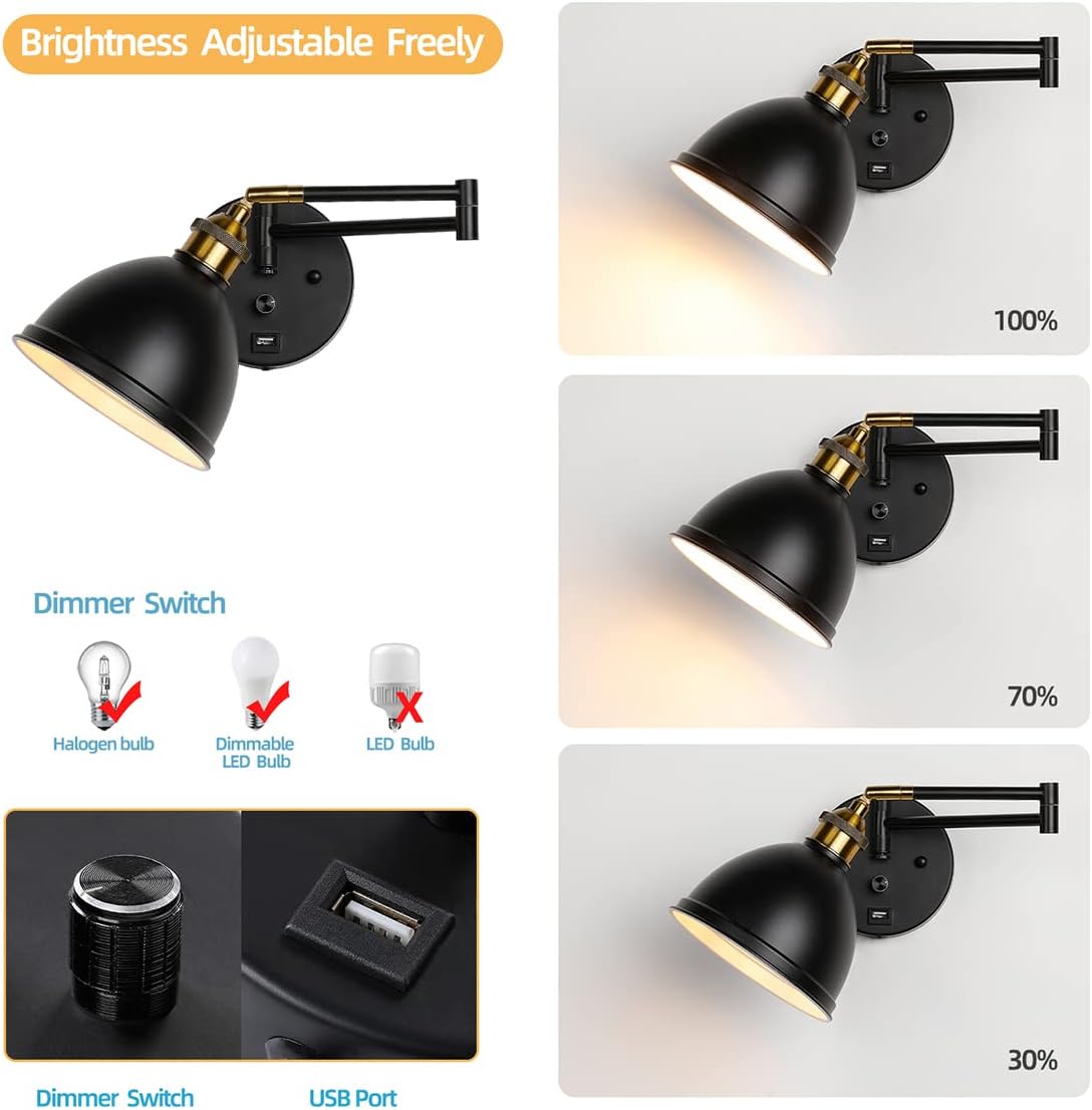 Swing Arm Wall Sconces, Plug-in Wall lamp,Bedroom Wall lamp ， White Fabric Shade，，with dimmable Switch and USB Charging