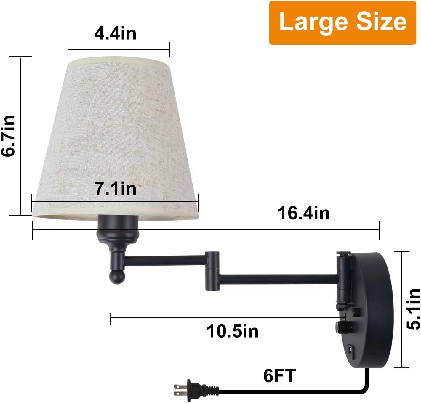 Bedside Wall Mount Light with Dimmable Switch and USB Port, Black Wall Sconce Light with Swing Arm and Plug in Cord