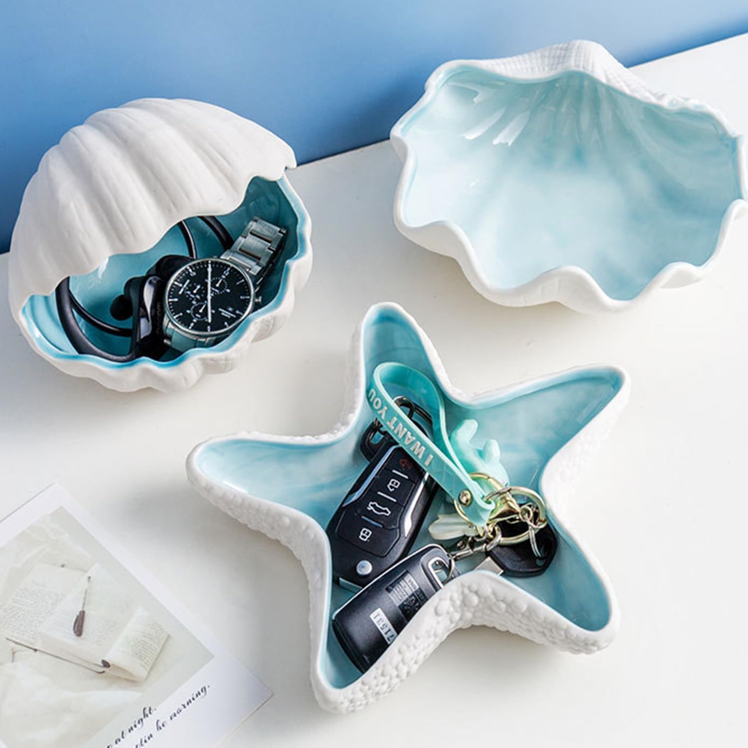 Large Shell Jewelry Dish Tray Ceramic Shell Ring / Shell Jewelry Decorative Tray / 6.7 x 7 x 2.4