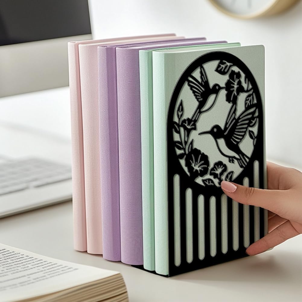 Metal Bookends / Modern Decorative Heavy Duty Study Book Ends Stoppers / Hummingbird and Flower