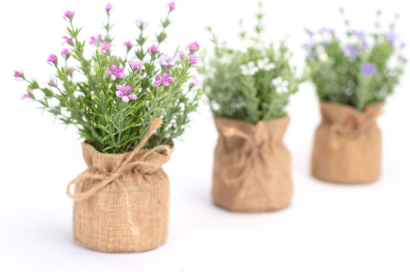 Babys Breath Artificial Flowers in Small Burlap Bag Vases -Gypsophila / White/purple/pink / Set of 3