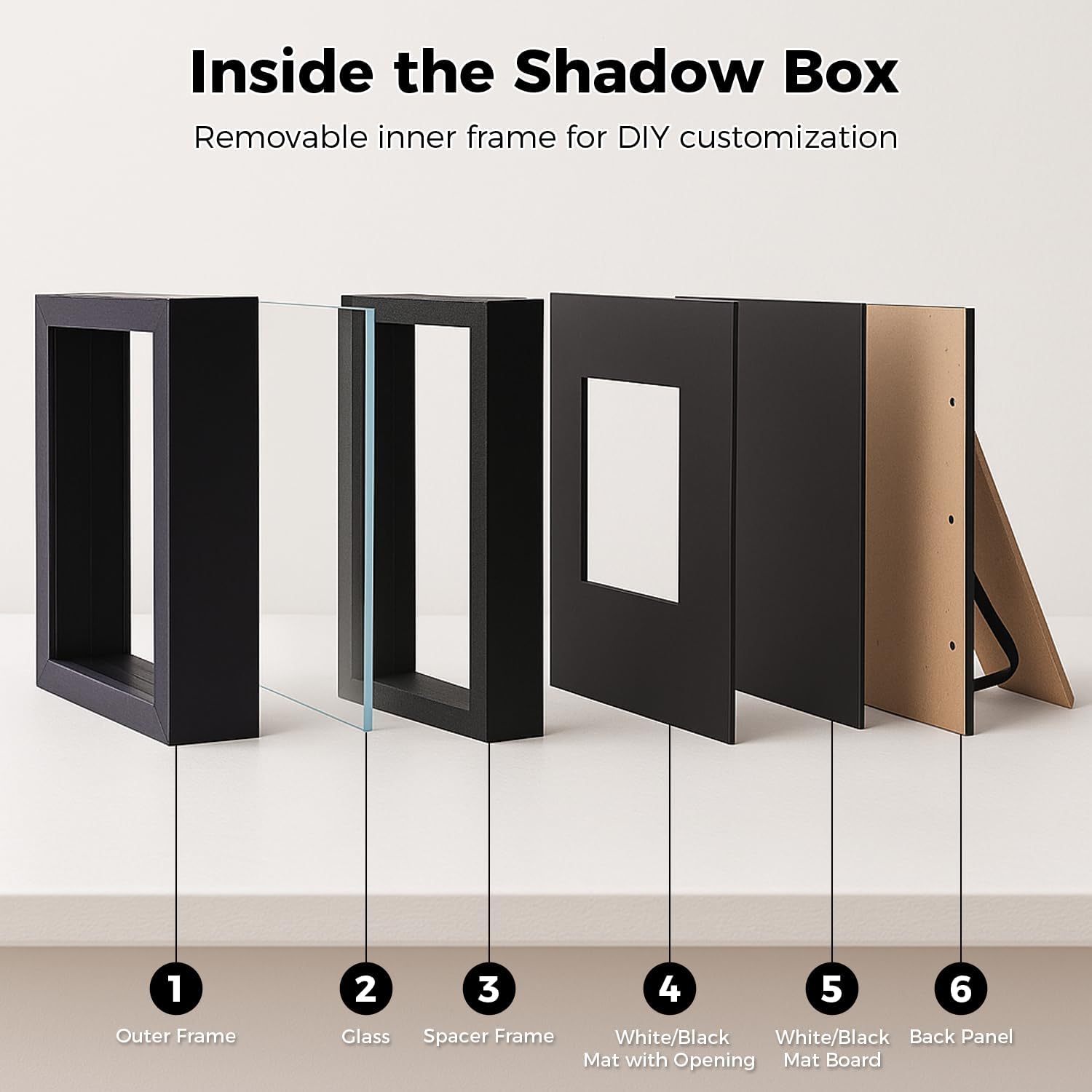 12x12 Shadow Box Picture Frame, Deep 1.77” Display Case with Real Glass, Removable Inner Frame & Black/White Mat for