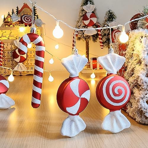 12 Pcs Christmas Candy Cane Ornaments,6.5 Inch Red White Assorted Shape
