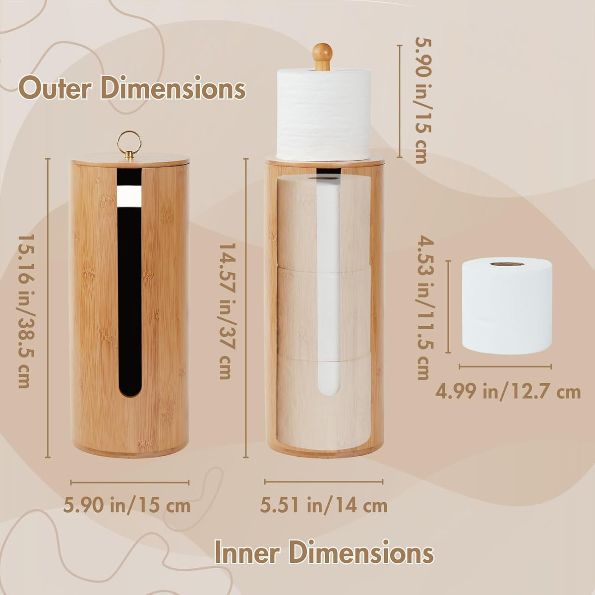 Gobam Bamboo Toilet Paper Storage with Dual-Use Lid, Freestanding Bathroom Tissue Organizer with Viewing Slot, Built-In