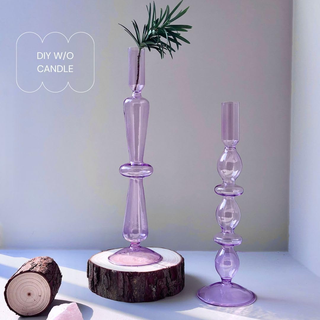 Candle Stick Candle Holder, Glass Candle Holders for Table Centerpiece, Modern Style Purple Candle Holder Mixed 4pcs