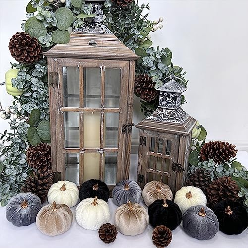 Winlyn 12 Pcs Small Assorted Faux Velvet Pumpkins Decorative Fabric in White Black Gray Taupe Foam Pumpkins 3" for Farmhouse Fall Wedding Thanksgiving Halloween Table Centerpiece Mantel Décor