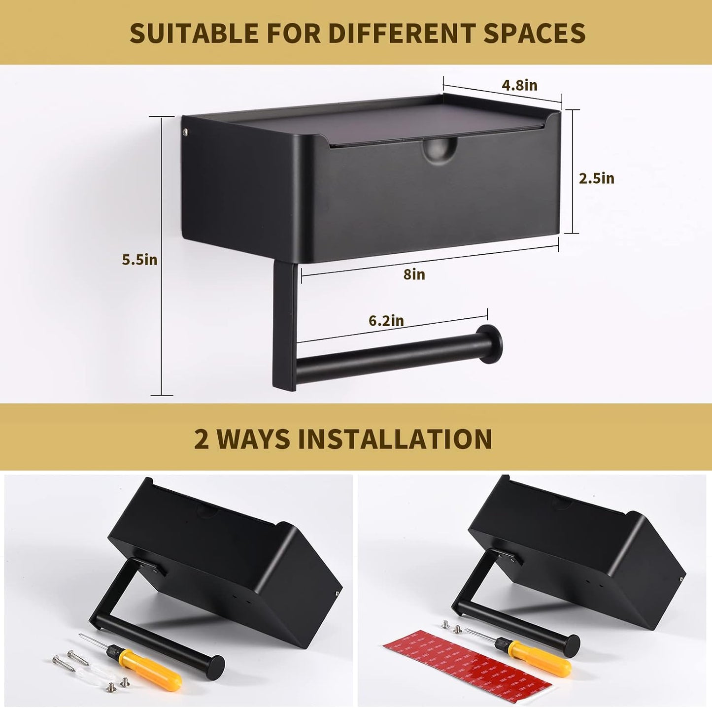 LAYUKI Toilet Paper Holder with Shelf, Wipe Holder for Bathroom, Large, Stainless Steel, Wall Mounted, Matt Black