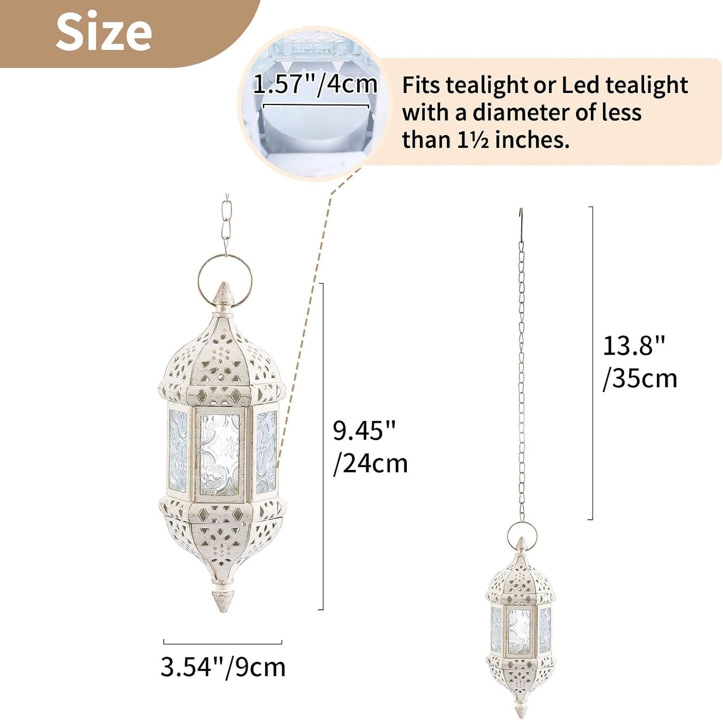 2 Pcs Moroccan Lantern Metalwork Hanging Tealight Candle Holder Metal Glass Indoor Outdoor Battery Operated LED
