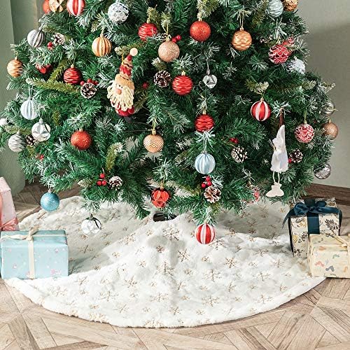 Christmas Tree Skirt 58 inches White Faux Fur Gold Snowflake Sequin Embroidered Luxury Tree Skirt Xmas Decoration