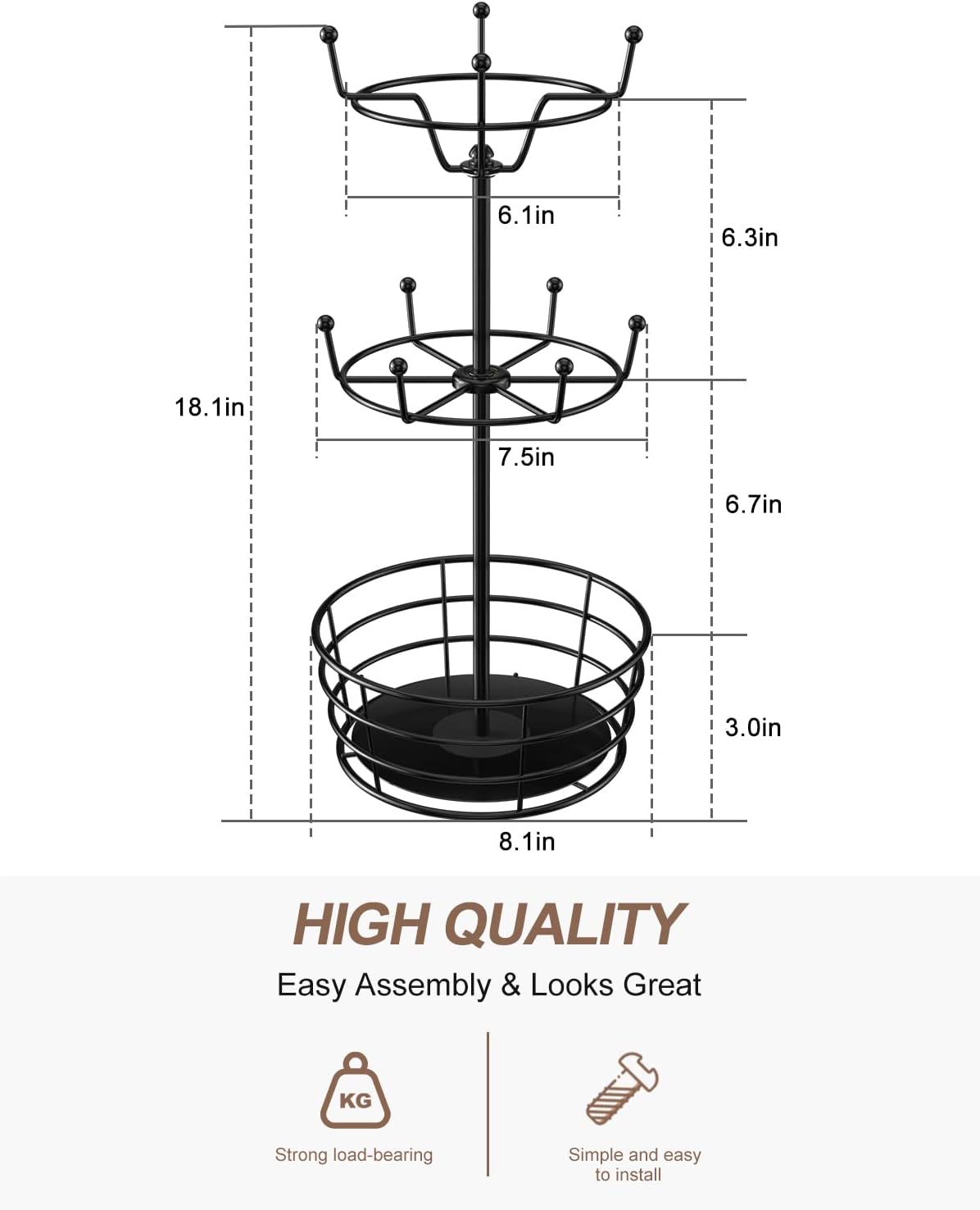 360° Rotating Coffee Mug Holder Tree | 3-Tier Metal Cup Rack with 10 Hooks, Coffee Bar Organizer Decor for Kitchen