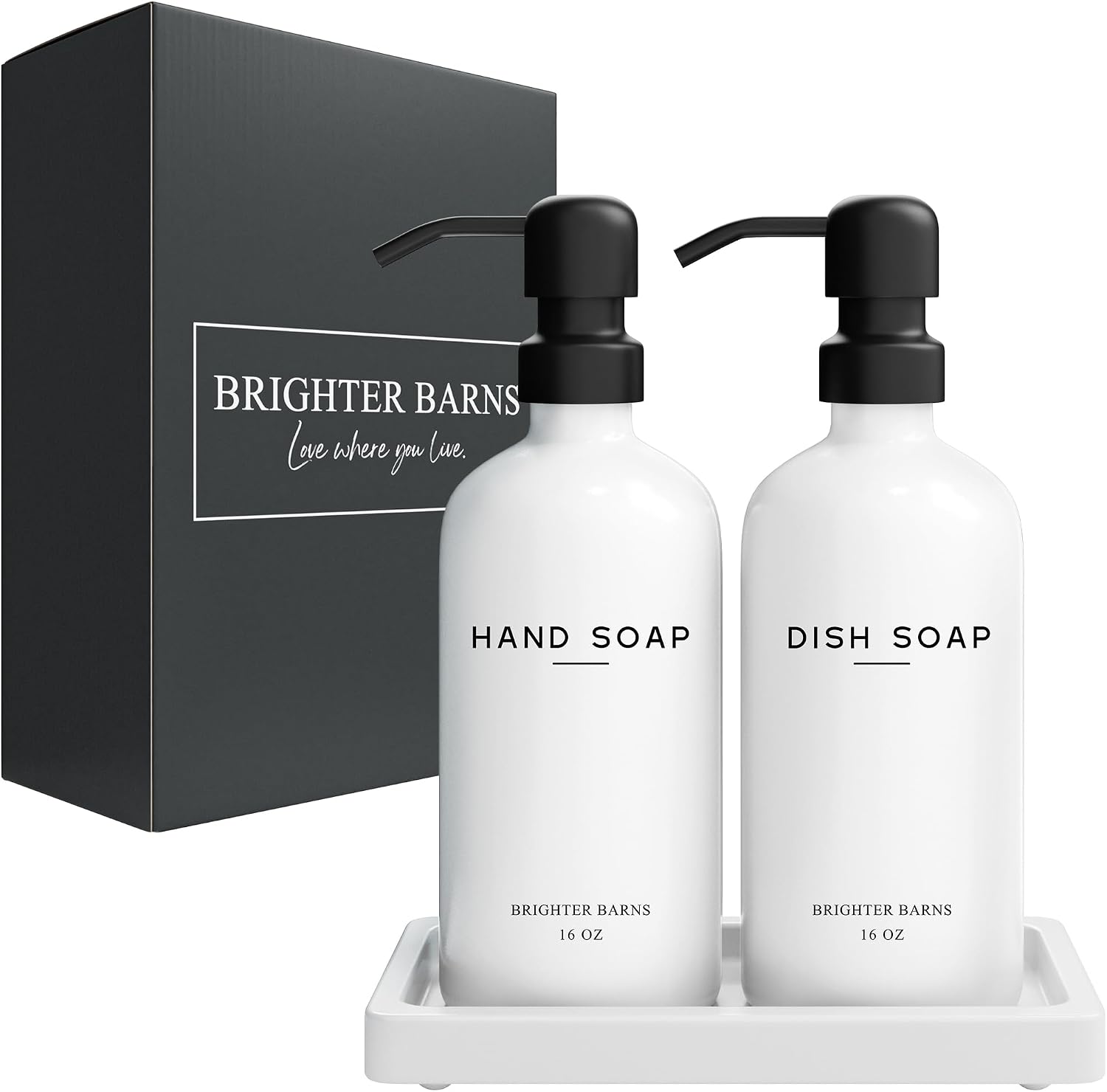 White Glass Hand and Dish Soap Dispenser Set by Brighter Barns - Kitchen Soap Dispenser Set with Tray for Kitchen, Home