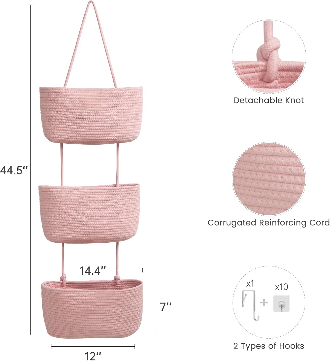 3-Tier Woven Cotton Wall-Mounted Storage Organizer Bag Decorative Hanging Nursery / Pink