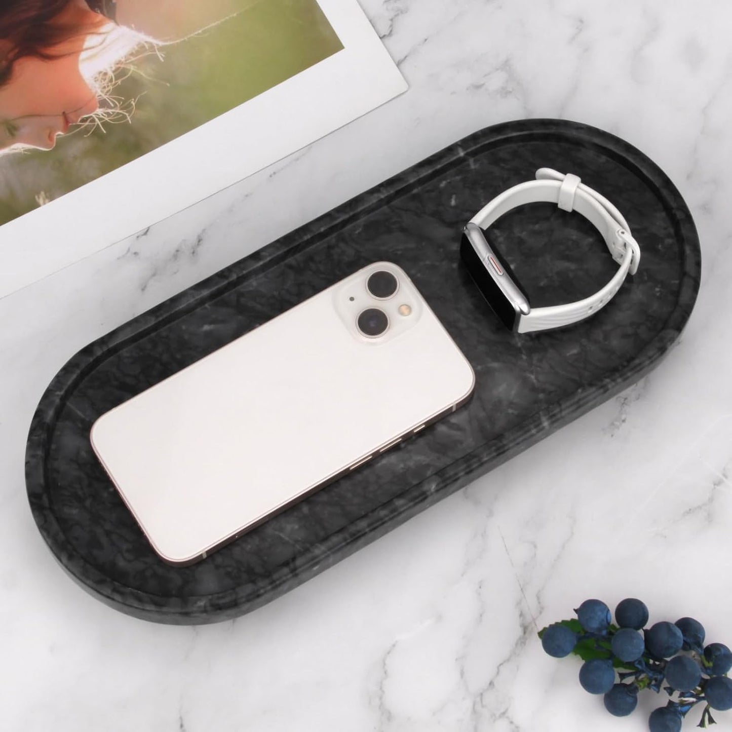 Marble Oval Bathroom Vanity Tray / Black Grey with Leg
