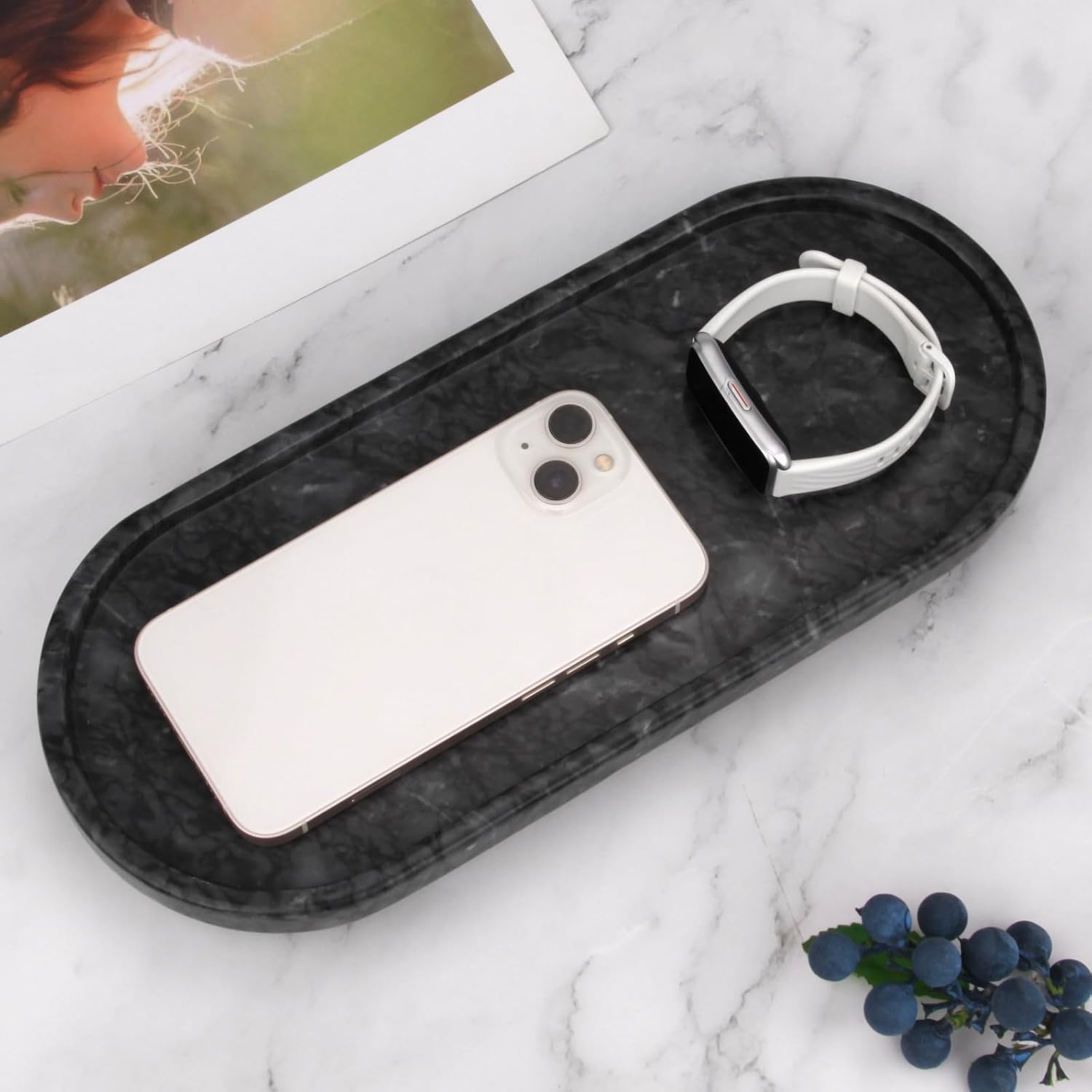 Marble Oval Bathroom Vanity Tray / Black Grey with Leg