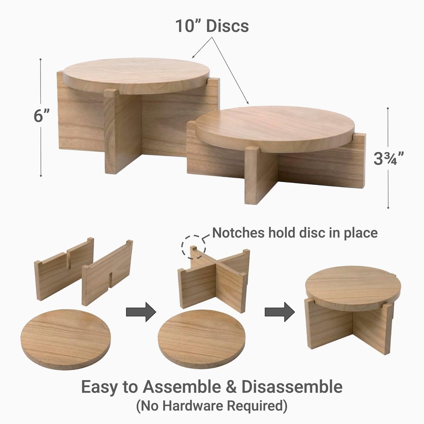 Natural Wood Riser Set of Two - Large 10” Round Wooden Plant Stands Indoor - Wood Pedestal Stands for Plants, Cakes
