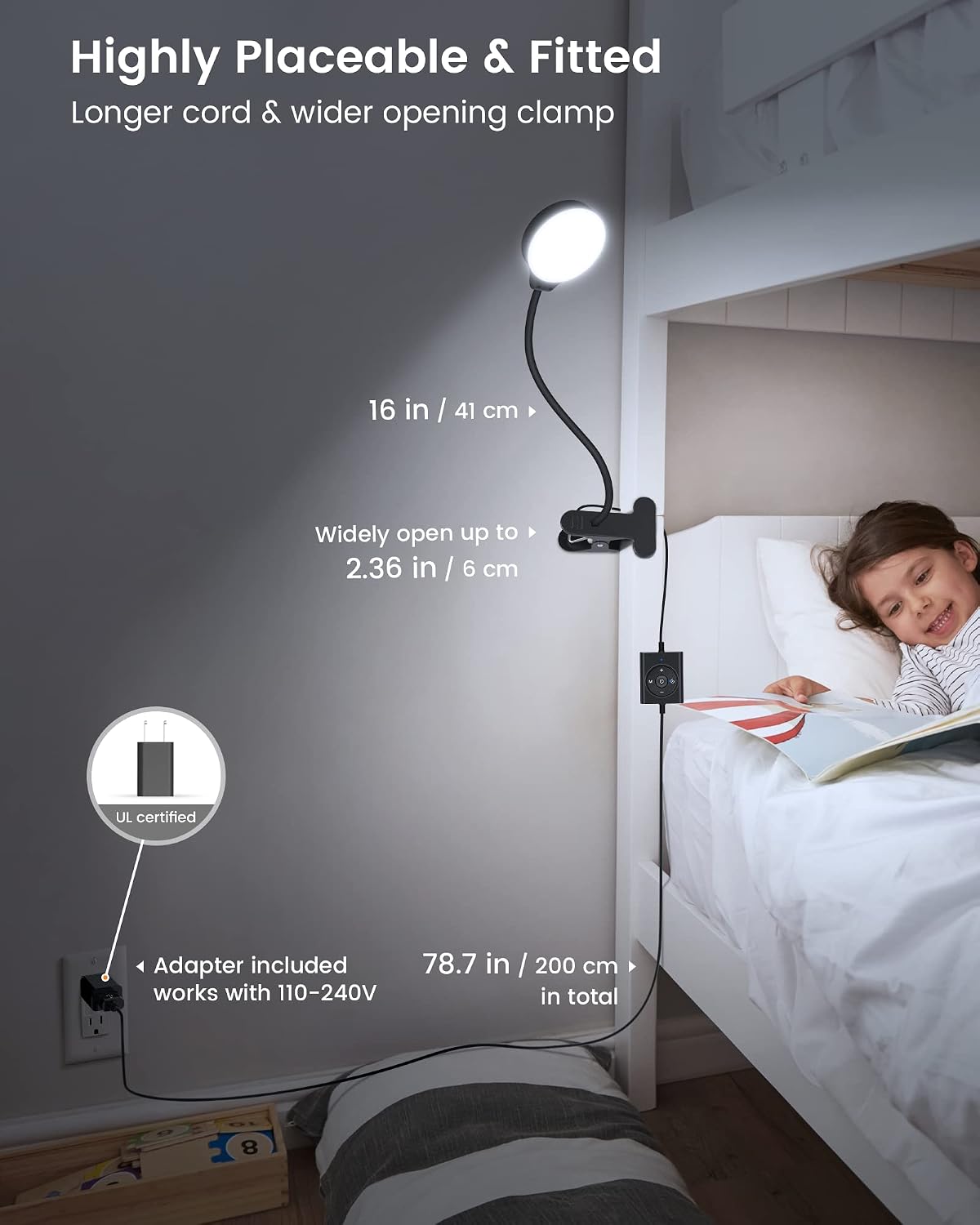 Glocusent 5W Clip on Light, 3 Colors & 5 Brightness Reading Light for Bed | Flexible Gooseneck Clip on Lamp, 30-Min