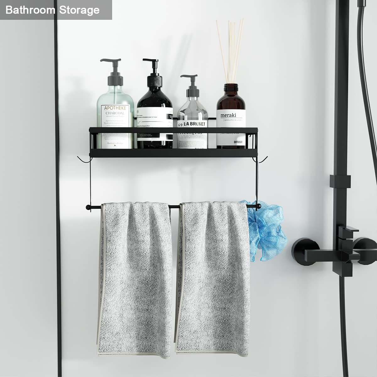 Paper Towel Holder with Shelf, Adhesive No Drill Heavy Duty | SS304 2-in-1 rack & basket, rustproof matte black.