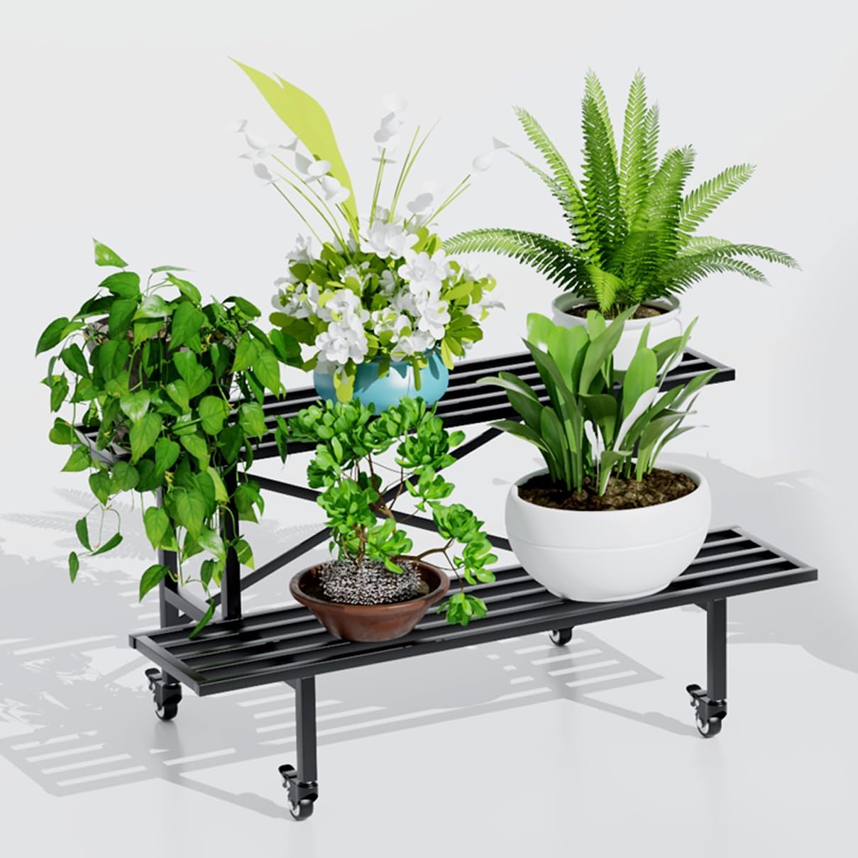 Zhongma 2 Tier Sturdy Metal Plant Stand with Wheels, L35.43 x W17.5 x H16.14 inch, Heavy Duty Plant Holder for Home