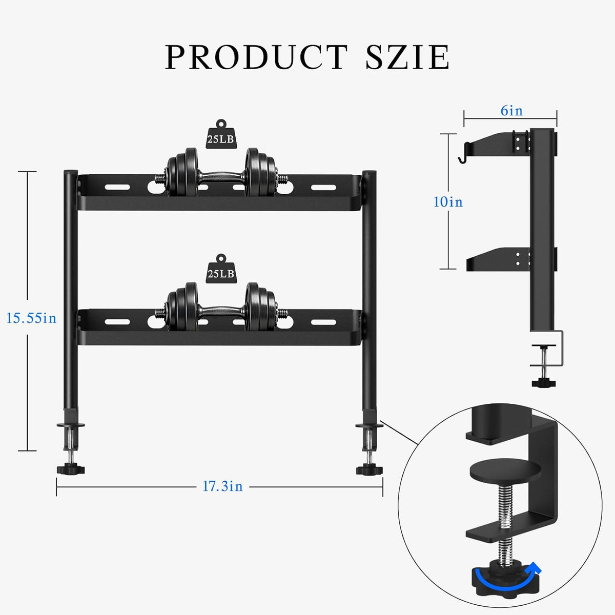 Clamp on Desk Shelf, 17in 2-Tier Office Desk Shelves Organizer, Small Shelf for Top of Desk with Headphone Holder and