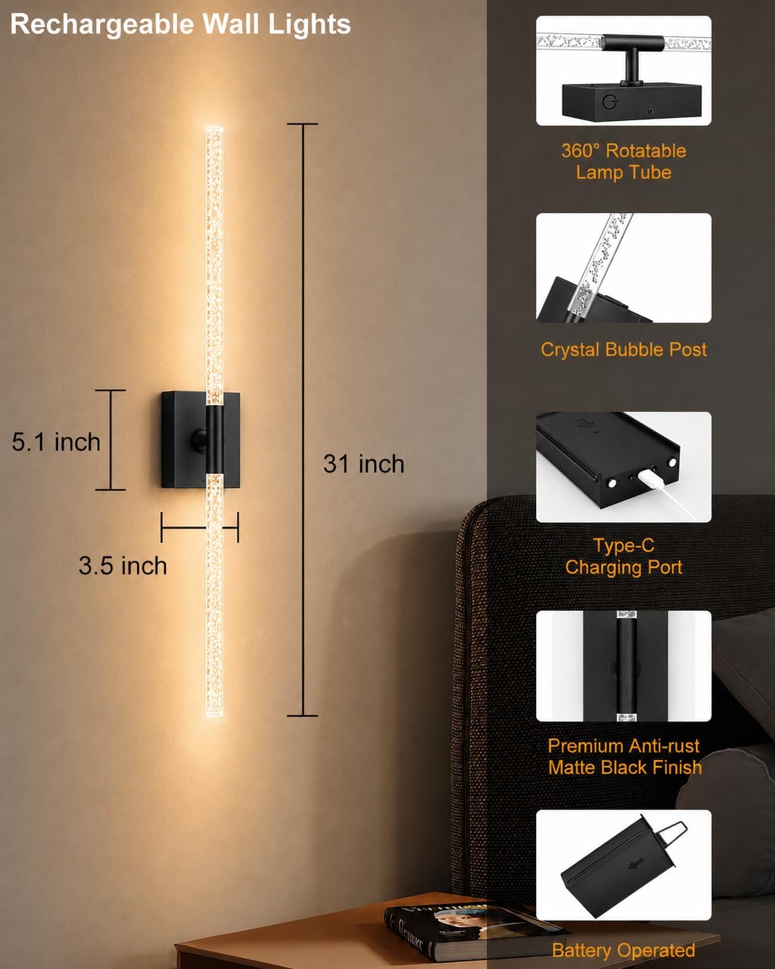 Crystal Bubble Rechargeable Wall Sconces Set of 2, Wireless Modern Lights | 10000mAh, Remote Control, 3000K-6000K
